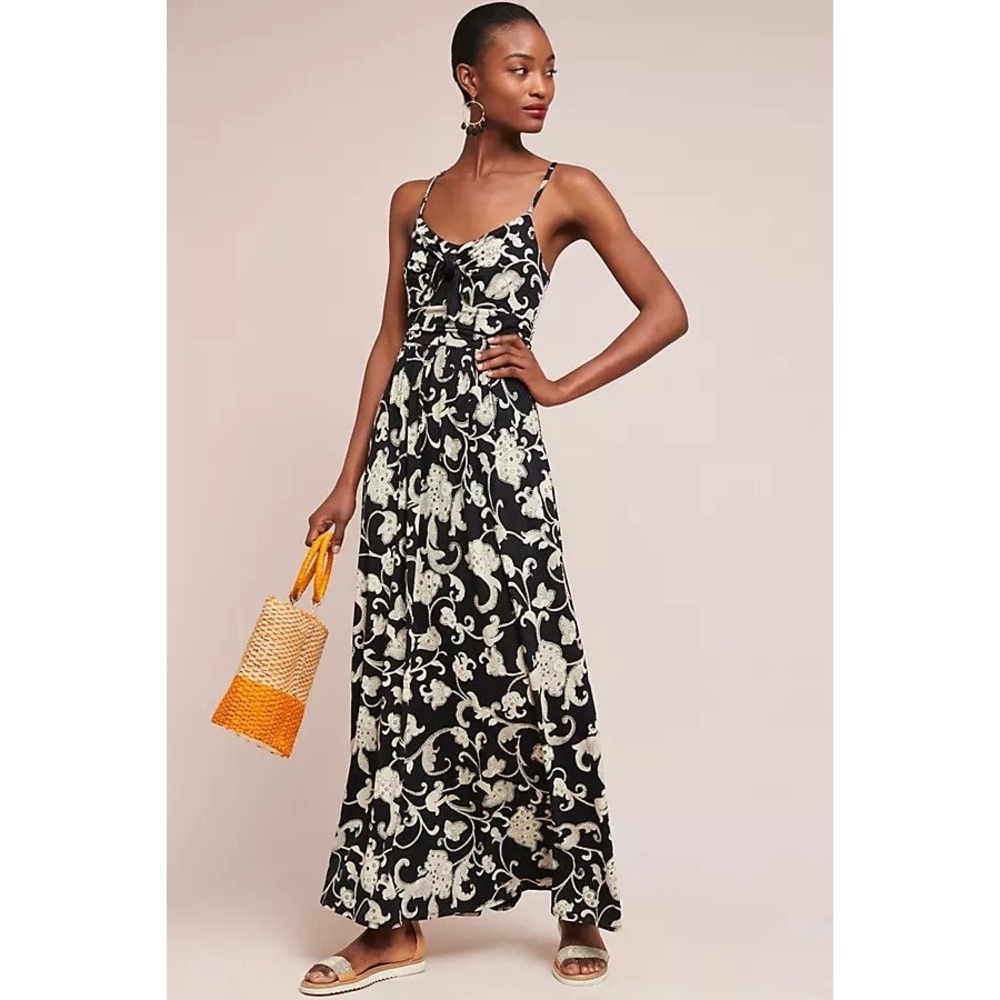Anthropologie MOULINETTE SOEURS Brisbane Black Ivory Floral Maxi Dress Large